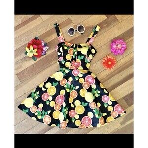 Ixia Fruity Lemon Print Floral Fit & Flare Dress Pin Up Mini Skater Retro Sz S